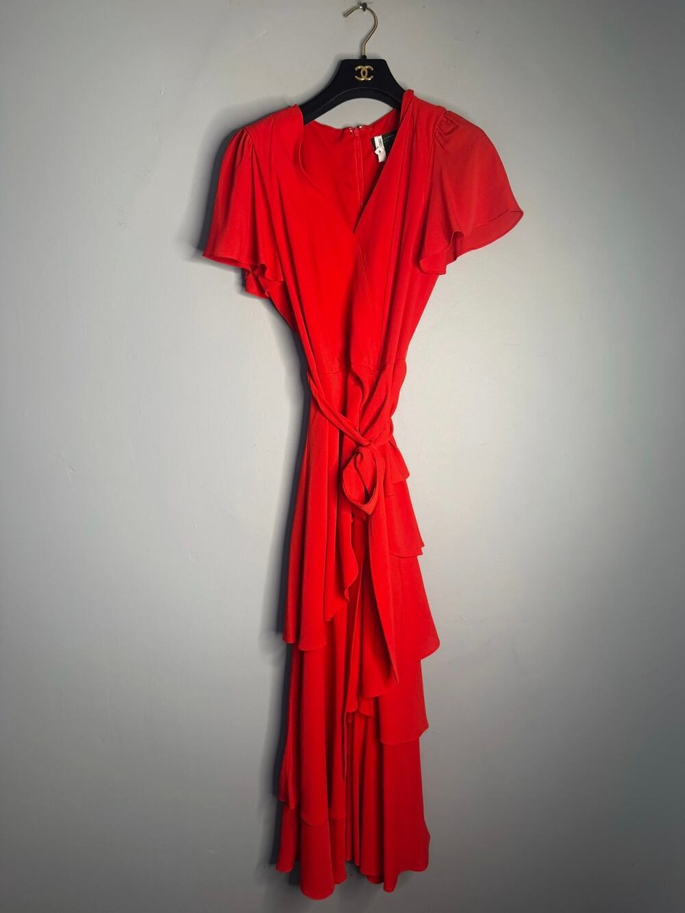 Tahari ASL V-Neck Flutter Sleeve Red Tiered Ruffle Faux Wrap Midi Dress Size 12